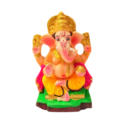 Eco-Friendly Ganesh Ji Idol with Traditional Crown & Green Base – 6 Inch
