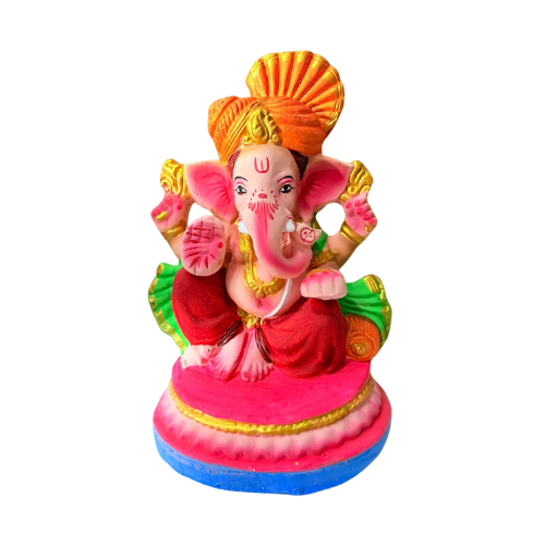 Eco-Friendly Ganesh Ji Idol Seated on Pink Lotus Base with Orange Crown – 10 Inch