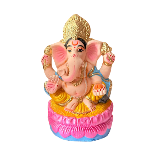 Eco-Friendly Ganesh Ji Idol with Golden Crown & Pink Lotus Base – 10 Inch