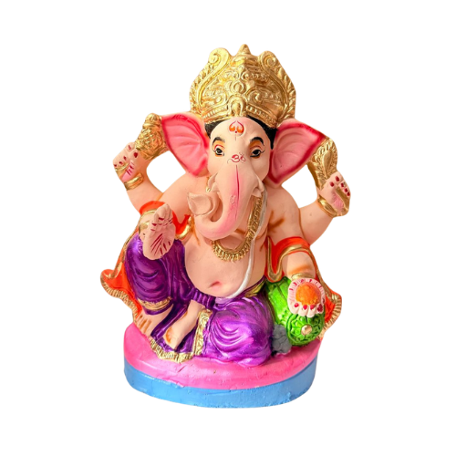 Eco-Friendly Ganesh Ji Idol with Golden Crown & Purple Dhoti – 10 Inch