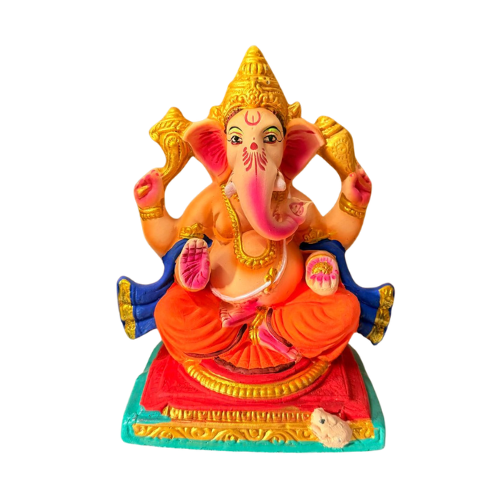 Eco-Friendly Ganesh Ji Idol with Tall Golden Crown & Orange Robe – 10 Inch
