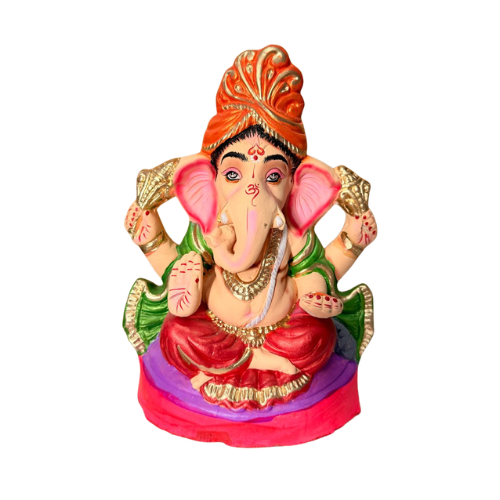 Eco-Friendly Ganesh Ji Idol with Orange Turban & Multicolor Dhoti – 12 Inch