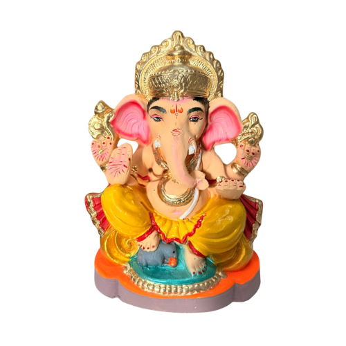Eco-Friendly Ganesh Ji Idol with Golden Crown & Orange Dhoti – 12 Inch