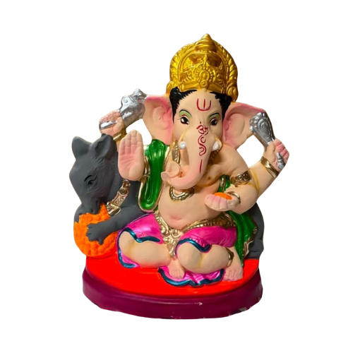 Eco-Friendly Ganesh Ji Idol with Mouse Companion & Golden Crown – 12 Inch