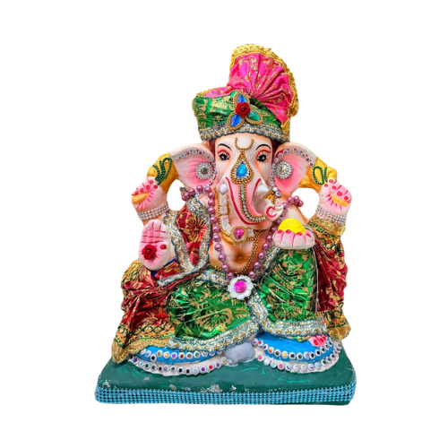 Decorated Eco-Friendly Ganesh Ji Idol with Green Attire & Pink Turban – 12 Inch