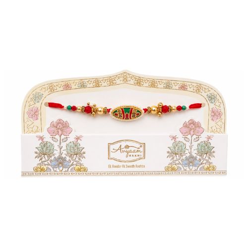 Red & Gold Oval Motif Rakhi with Floral Heritage Card