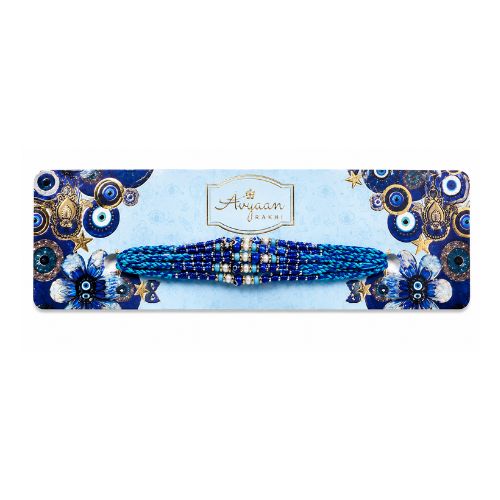 Blue Beaded Peacock-Style Rakhi with Floral Card