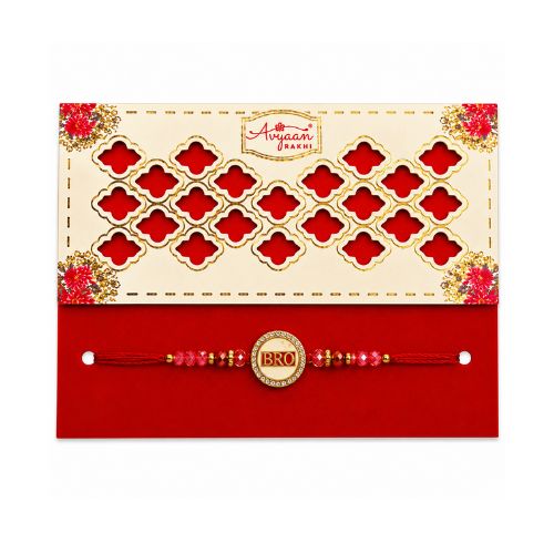 Red & Gold BRO Rakhi with Beaded Design & Gift Card