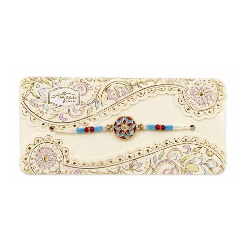 Blue Beaded Paisley Rakhi with Ornate Cream Card
