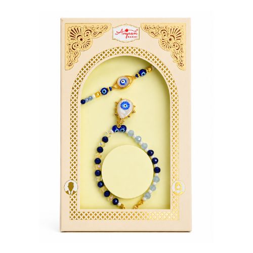 Blue & Gold Rakhi and Bracelet Set in Gift Pack