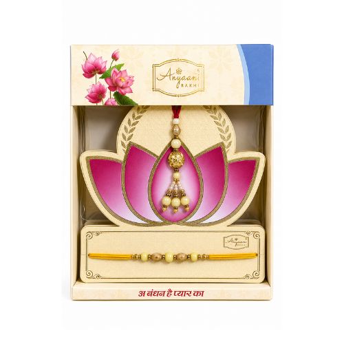 Pink Lotus Gold Rakhi Gift Box with Matching Thread