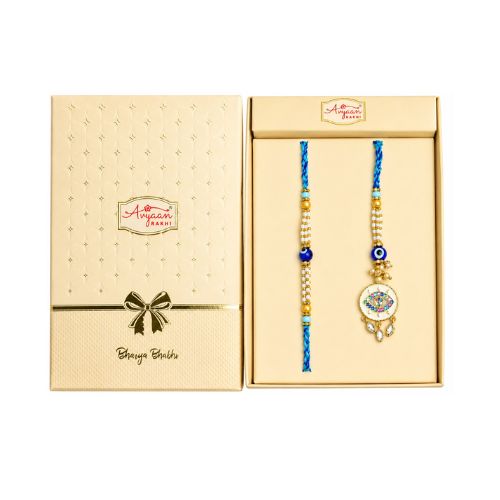 Blue & Gold Designer Rakhi in Premium Gift Box