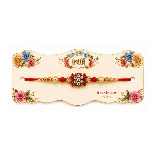 Red & Gold Floral Medallion Rakhi with Decorative Beads