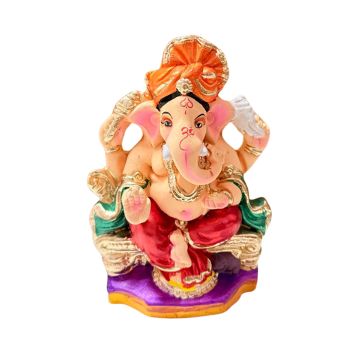 Eco-Friendly Ganesh Ji Idol with Orange Turban & Colorful Attire – 6 Inch