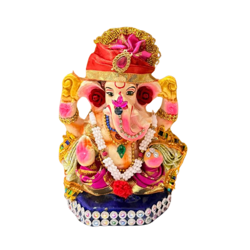 Decorated Eco-Friendly Ganesh Ji Idol with Ornate Crown & Floral Adornments – 6 Inch