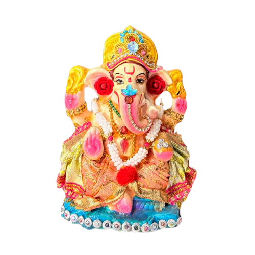 Decorated Eco-Friendly Ganesh Ji Idol with Jeweled Crown & Pink Attire – 6 Inch