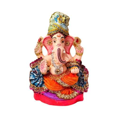 Decorated Eco-Friendly Ganesh Ji Idol with Blue Ornate Crown & Embellished Base – 10 Inch