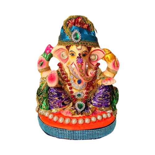 Decorated Eco-Friendly Ganesh Ji Idol with Blue Turban & Jeweled Attire – 10 Inch