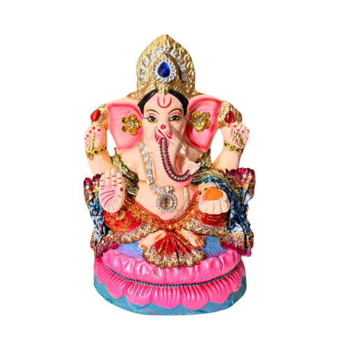 Decorated Eco-Friendly Ganesh Ji Idol with White Crown & Pink Lotus Seat – 10 Inch
