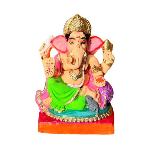 Eco-Friendly Ganesh Ji Idol with Golden Crown & Green Dhoti – 12 Inch