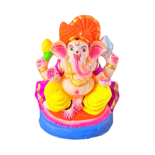 Eco-Friendly Ganesh Ji Idol with Orange Turban & Blue Lotus Base – 12 Inch