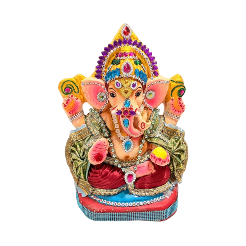 Decorated Eco-Friendly Ganesh Ji Idol with Ornate Multi-Color Crown – 12 Inch