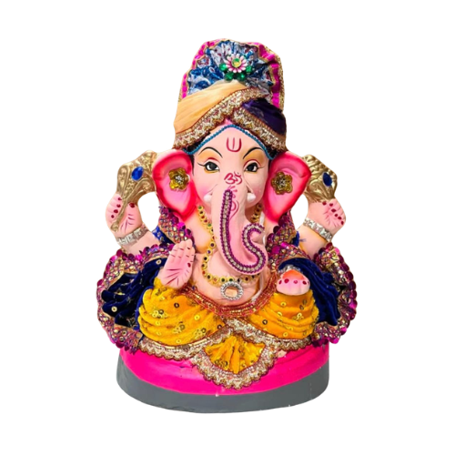 Decorated Eco-Friendly Ganesh Ji Idol with Blue Crown & Yellow Dhoti – 12 Inch