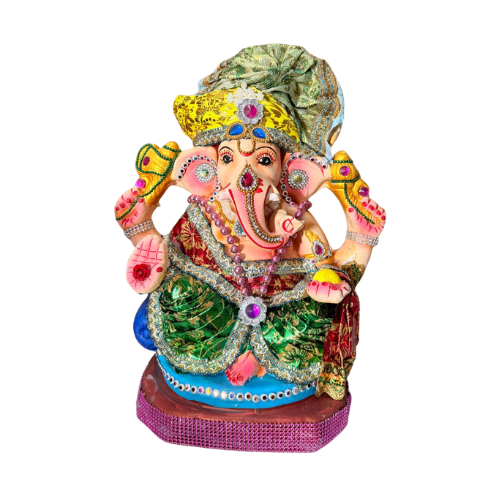 Decorated Eco-Friendly Ganesh Ji Idol with Green Turban & Jeweled Attire – 12 Inch