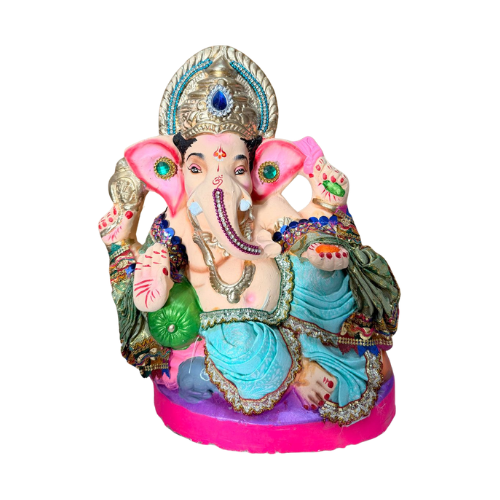 Decorated Eco-Friendly Ganesh Ji Idol with Blue Turban & Aqua Attire – 12 Inch