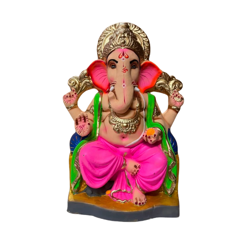 Eco-Friendly Ganesh Ji Idol with Pink Dhoti & Ornate Golden Backrest – 18 Inch