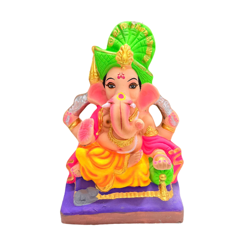 Eco-Friendly Ganesh Ji Idol with Green Crown & Yellow Dhoti – 18 Inch