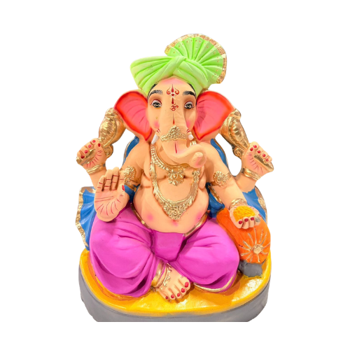 Eco-Friendly Ganesh Ji Idol with Green Turban & Pink Lotus Seat – 18 Inch