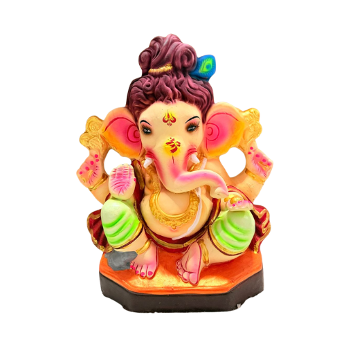 Eco-Friendly Ganesh Ji Idol with Purple Topknot & Green Attire – 18 Inch
