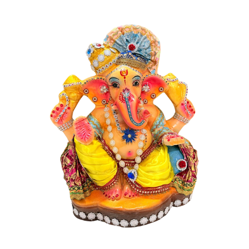 Decorated Eco-Friendly Ganesh Ji Idol with Jeweled Crown & Orange-Yellow Attire – 18 Inch