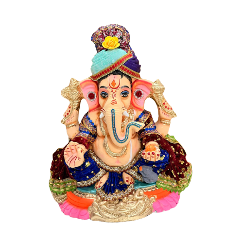 Decorated Eco-Friendly Ganesh Ji Idol with Blue Turban & Multicolor Attire – 18 Inch