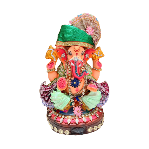 Decorated Eco-Friendly Ganesh Ji Idol with Green Turban & Pink Accents – 18 Inch