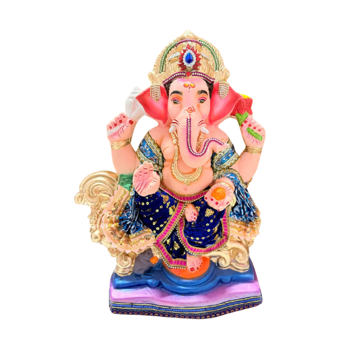 Decorated Eco-Friendly Ganesh Ji Idol with Blue Crown & Royal Purple Attire – 18 Inch