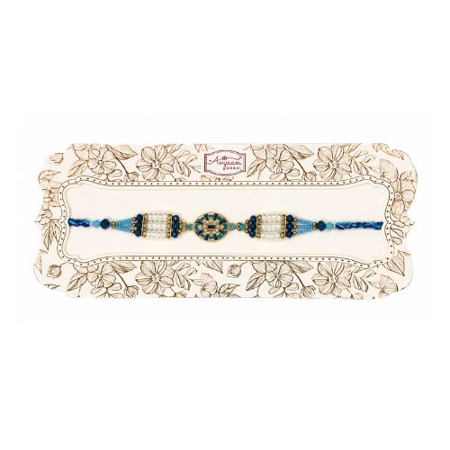 Blue & Silver Pearl Rakhi with Ornate Floral Card