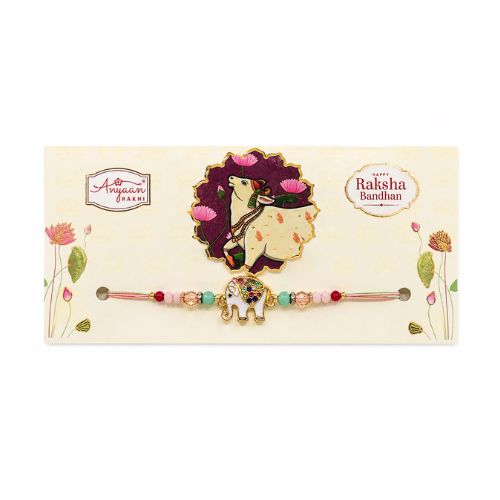 Elegant Elephant Motif Rakhi with Pink Floral Card