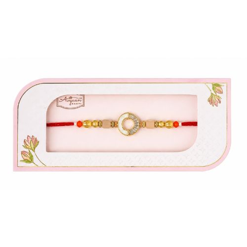 Red & Gold Circular Center Rakhi in Pink Gift Box