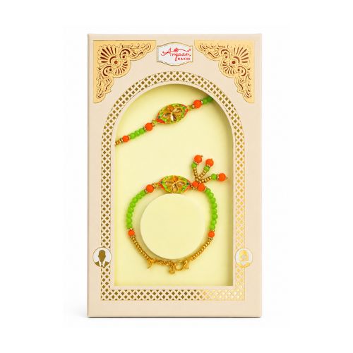 Green & Gold Rakhi and Bracelet Set in Gift Pack