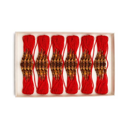 Red Tassel Rakhi with Gold Beaded Center